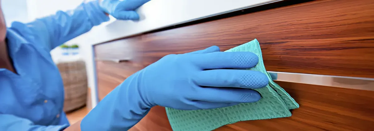 Cleaner wearing blue gloves wiping a wooden cabinet drawer with a microfiber cloth for dust and grime removal, Houston, TX.