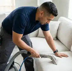 Professional upholstery cleaning technician using an extraction wand to deep-clean a fabric sofa, Houston, TX.